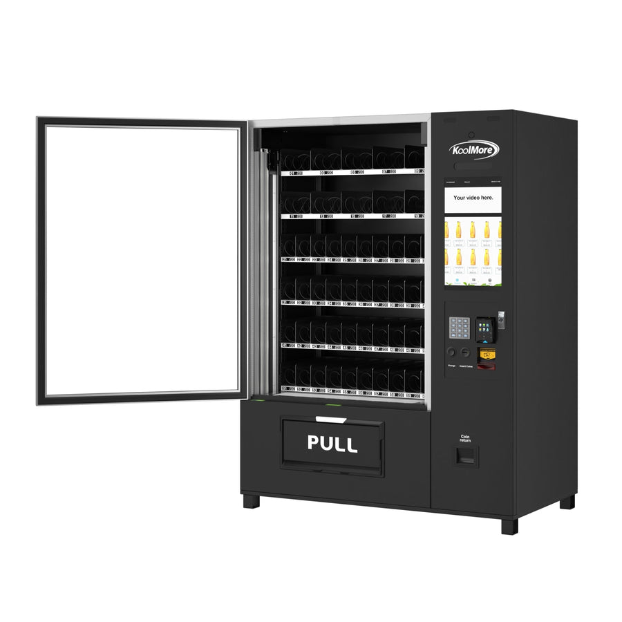 Snack Vending Machine with 21.5 Inch Touch Display, 66 Slots and Elevator-Lift Dispensing System, Refrigerated, Bill Acceptor and Credit Card Reader, Wifi and 4G Connectivity in Black (KM-VMRWT-66EBR) - Wrap