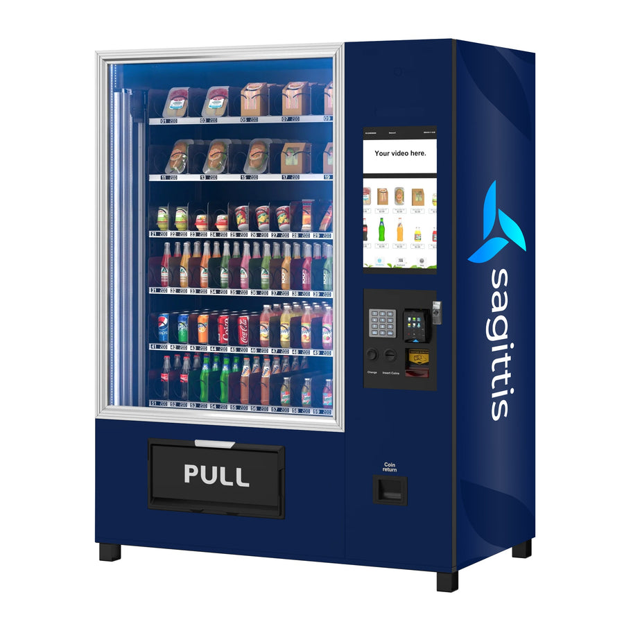 Snack Vending Machine with 21.5 Inch Touch Display, 66 Slots and Elevator-Lift Dispensing System, Refrigerated, Bill Acceptor and Credit Card Reader, Wifi and 4G Connectivity in Black (KM-VMRWT-66EBR) - Wrap