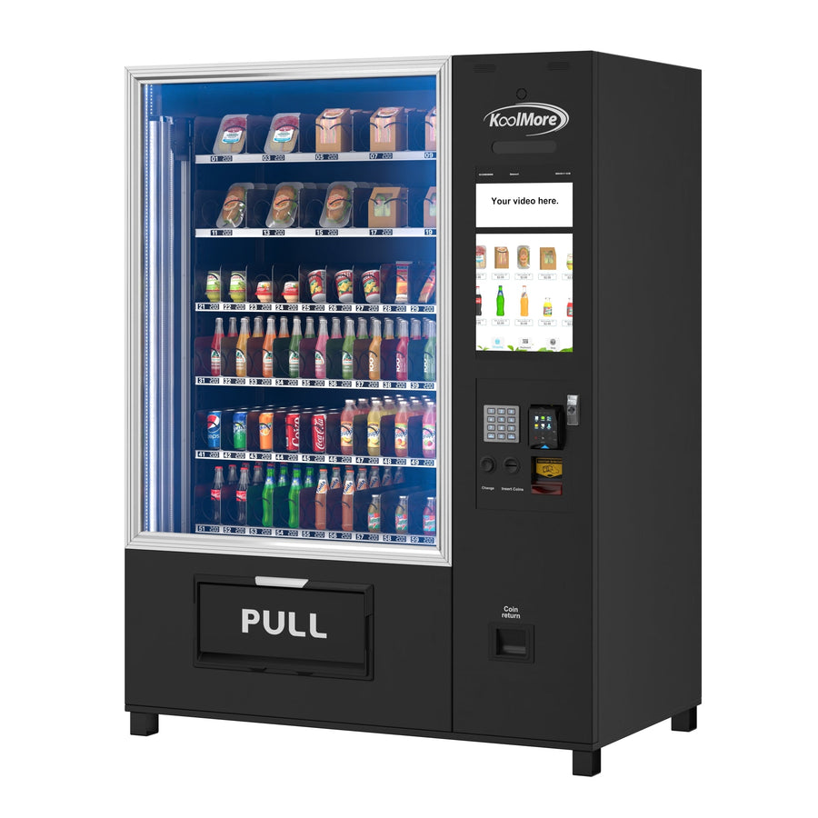 Snack Vending Machine with 21.5 Inch Touch Display, 66 Slots and Elevator-Lift Dispensing System, Refrigerated, Bill Acceptor and Credit Card Reader, Wifi and 4G Connectivity in Black (KM-VMRWT-66EBR)