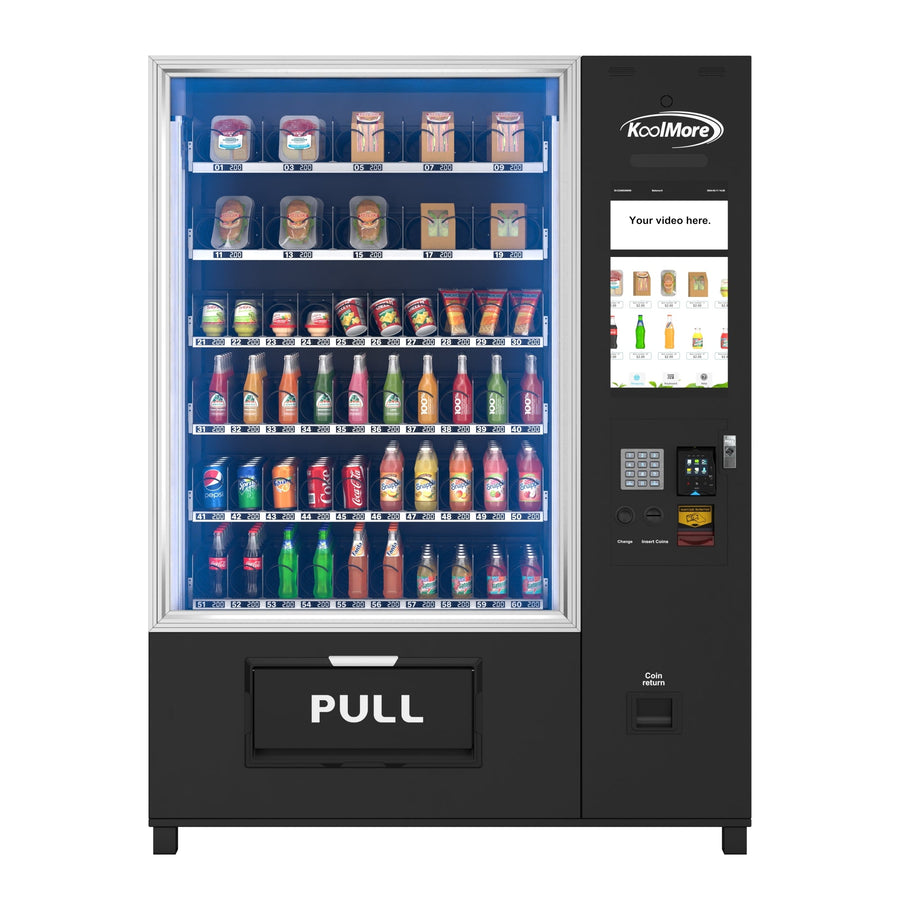 Snack Vending Machine with 21.5 Inch Touch Display, 66 Slots and Elevator-Lift Dispensing System, Refrigerated, Bill Acceptor and Credit Card Reader, Wifi and 4G Connectivity in Black (KM-VMRWT-66EBR)