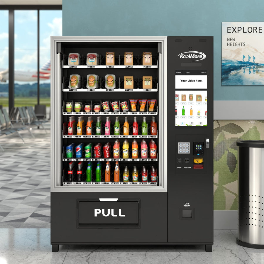 Snack Vending Machine with 21.5 Inch Touch Display, 66 Slots and Elevator-Lift Dispensing System, Refrigerated, Bill Acceptor and Credit Card Reader, Wifi and 4G Connectivity in Black (KM-VMRWT-66EBR) - Wrap
