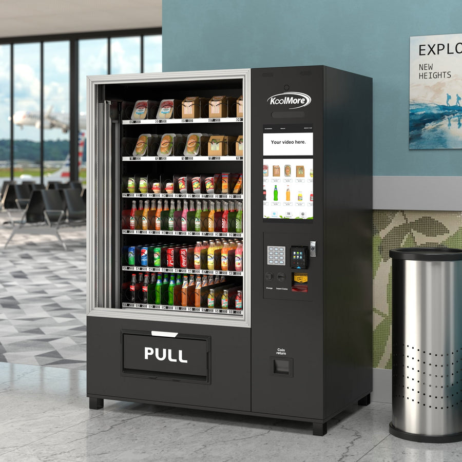 Snack Vending Machine with 21.5 Inch Touch Display, 66 Slots and Elevator-Lift Dispensing System, Refrigerated, Bill Acceptor and Credit Card Reader, Wifi and 4G Connectivity in Black (KM-VMRWT-66EBR)