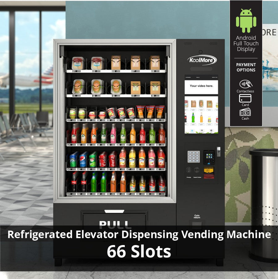 Snack Vending Machine with 21.5 Inch Touch Display, 66 Slots and Elevator-Lift Dispensing System, Refrigerated, Bill Acceptor and Credit Card Reader, Wifi and 4G Connectivity in Black (KM-VMRWT-66EBR) - Wrap